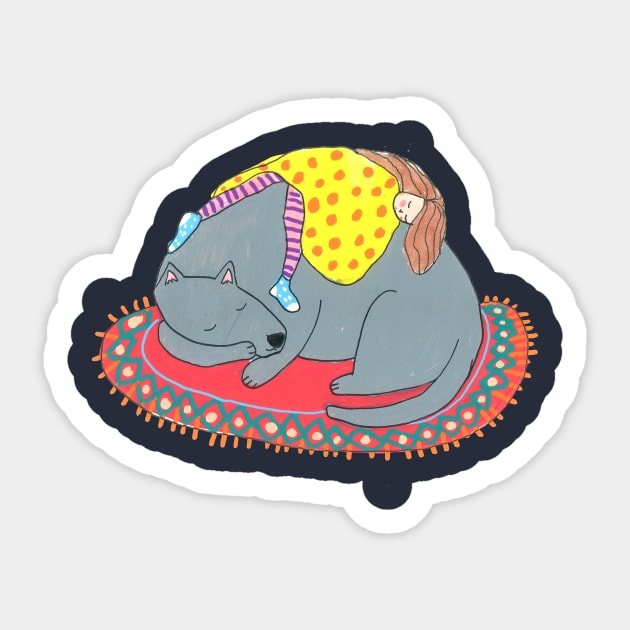 Asleep on a giant dog Sticker by DoodlesAndStuff